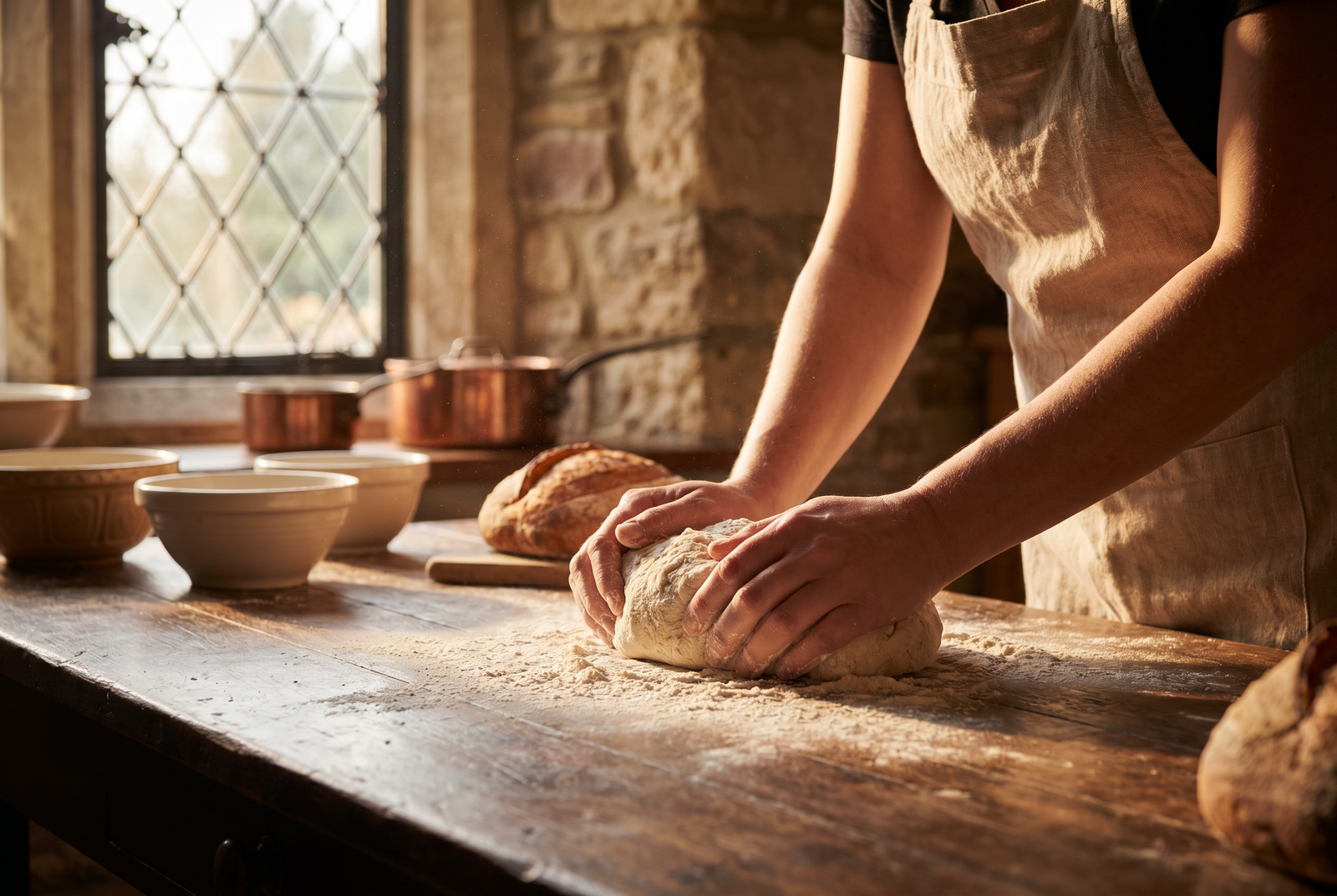 Hands kneading fresh bread dough on a floured wooden farmhouse counter in golden morning light