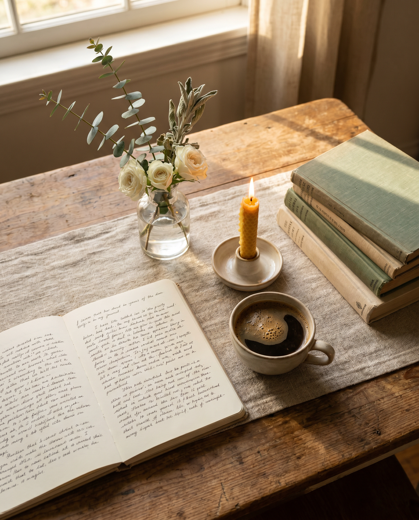 A cozy flat-lay of a journal, coffee, fresh flowers, a candle and books on a rustic wooden table