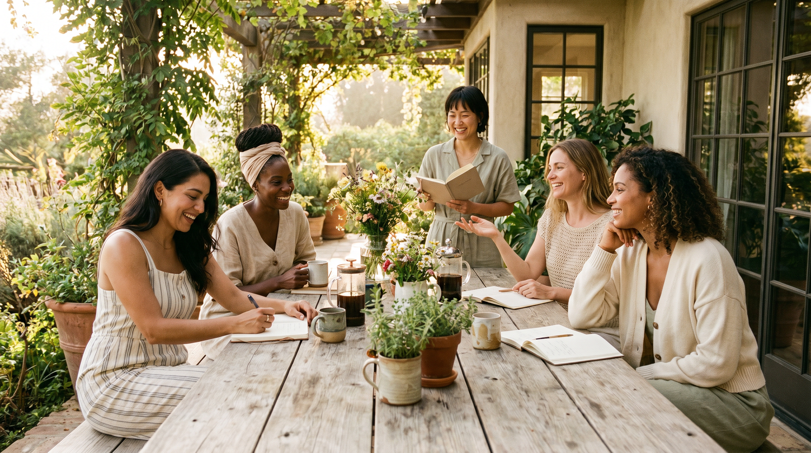 A diverse group of women — Hispanic, Black, Asian, white, and mixed-race — gathered around an outdoor garden table, laughing and journaling together