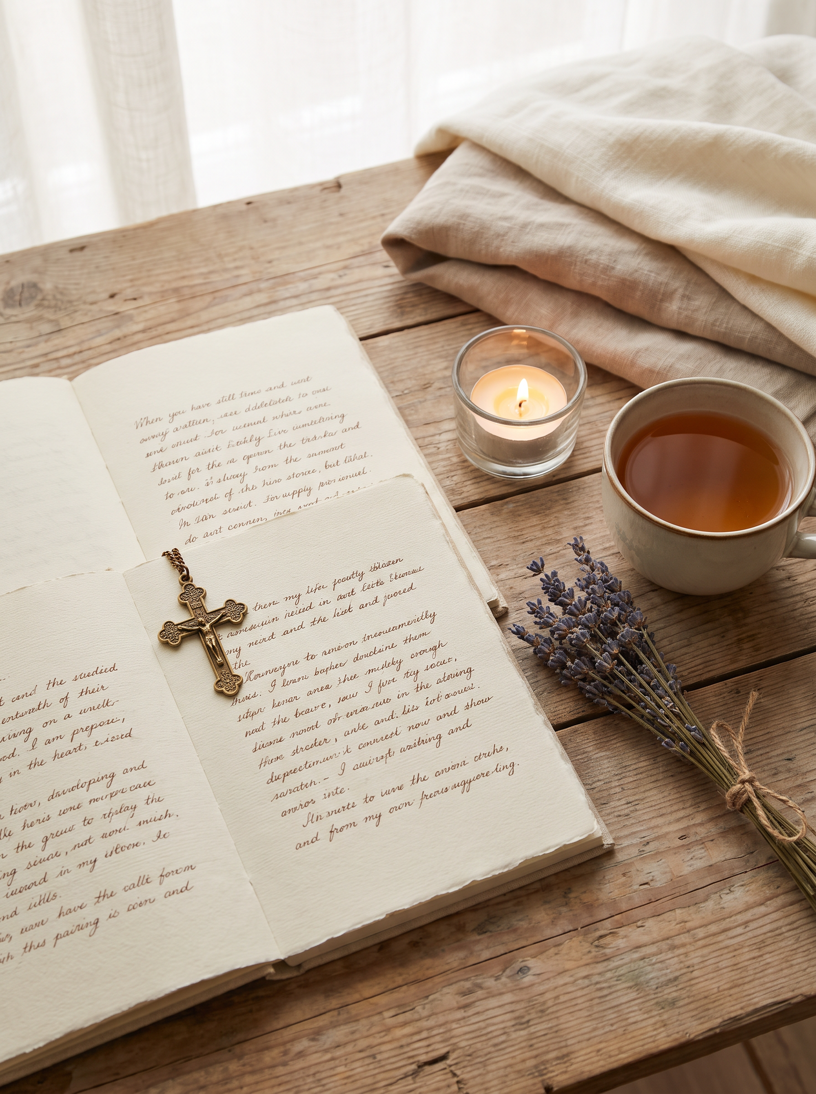 Printable journal pages with a lit candle, a cup of tea, and a sprig of dried lavender on a wooden table