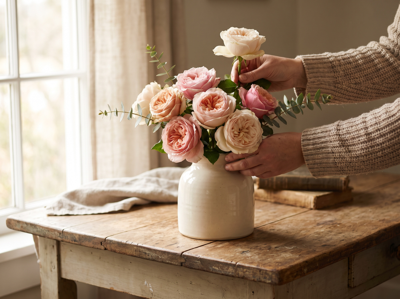 Hands arranging fresh cut garden roses and eucalyptus in a ceramic vase