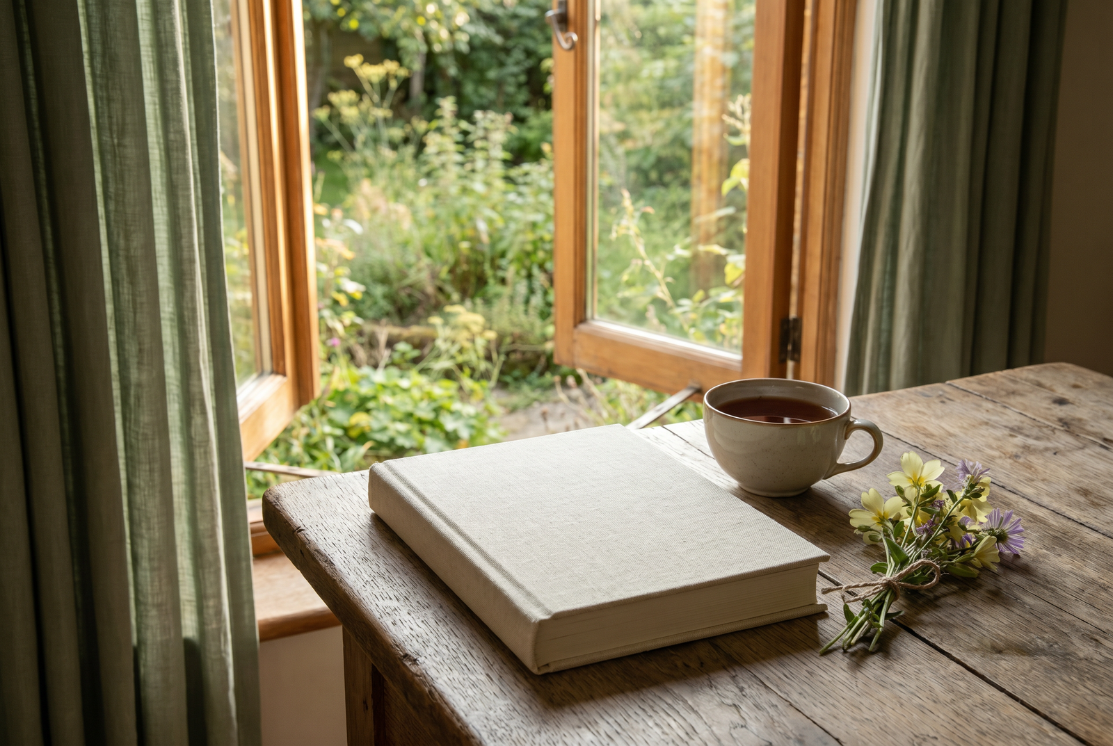 A linen workbook on a wooden table beside an open window overlooking a lush garden, tea, and wildflowers