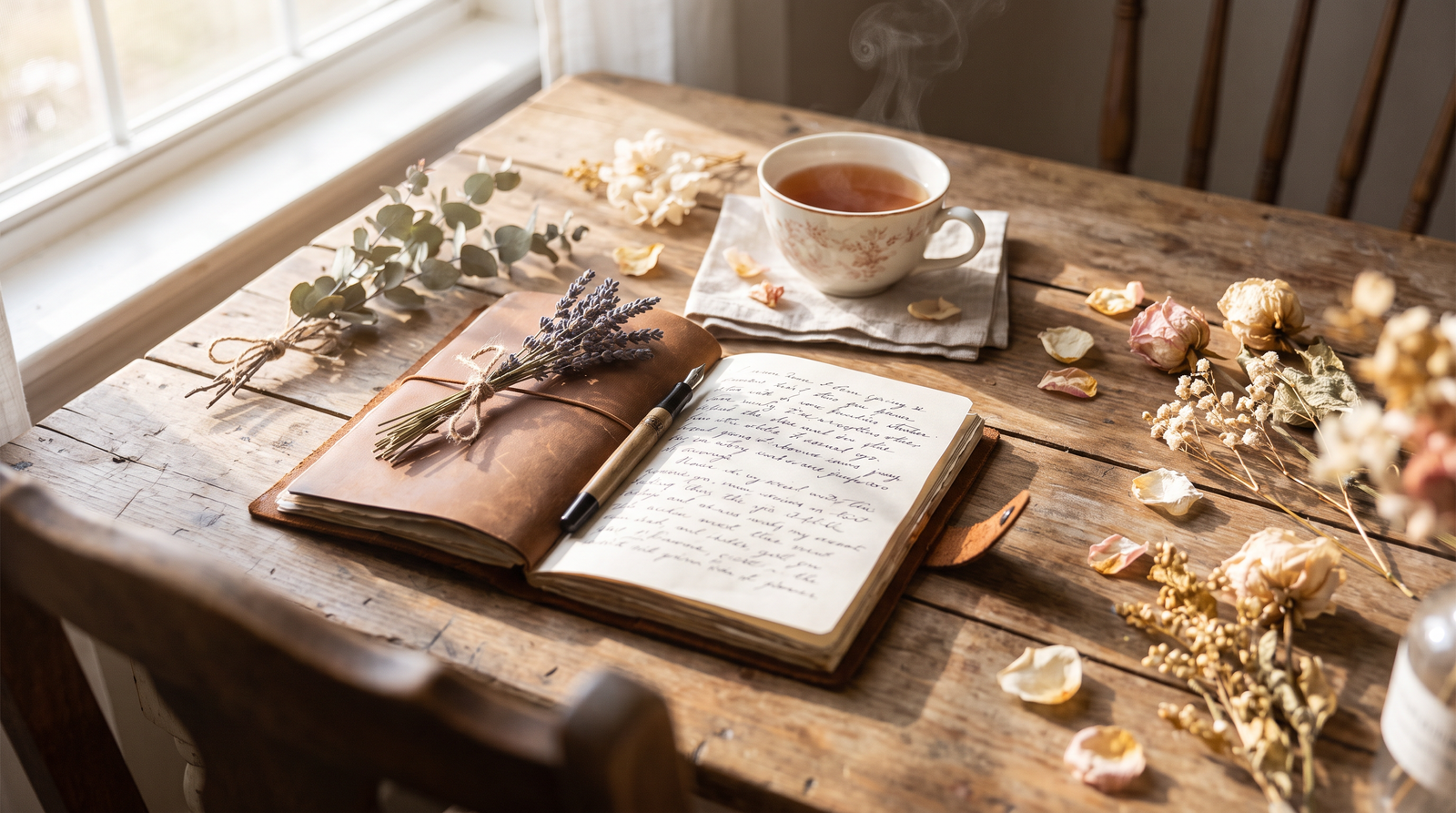 A warm flat lay of an open journal, dried botanicals, a fountain pen and a teacup on a sunlit wooden table