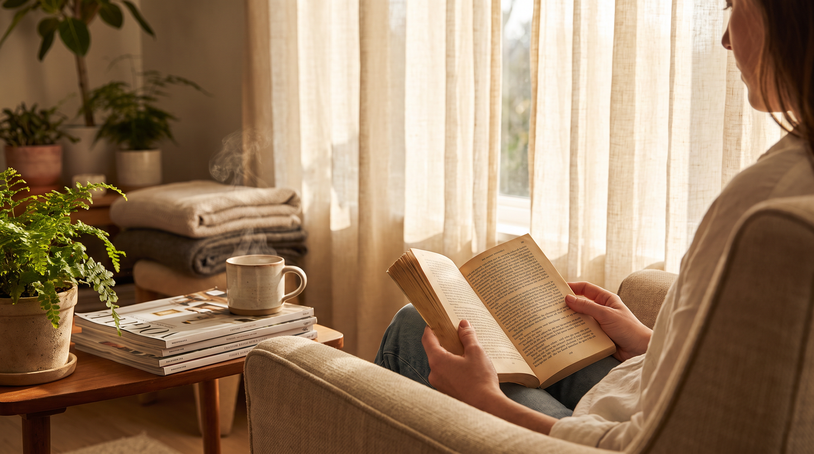 A woman reading a book beside a sunlit window with a cup of tea nearby