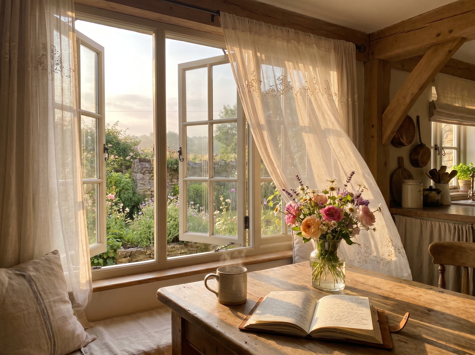 A dreamy summer morning breakfast nook with an open window, coffee, journal and fresh flowers overlooking a sunlit garden