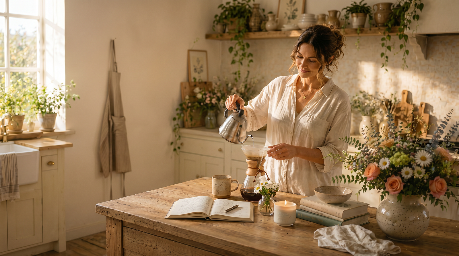 A genuine, natural woman candidly pouring hot water into a pour-over coffee maker in a warm, sunlit, rustic-elegant farmhouse kitchen