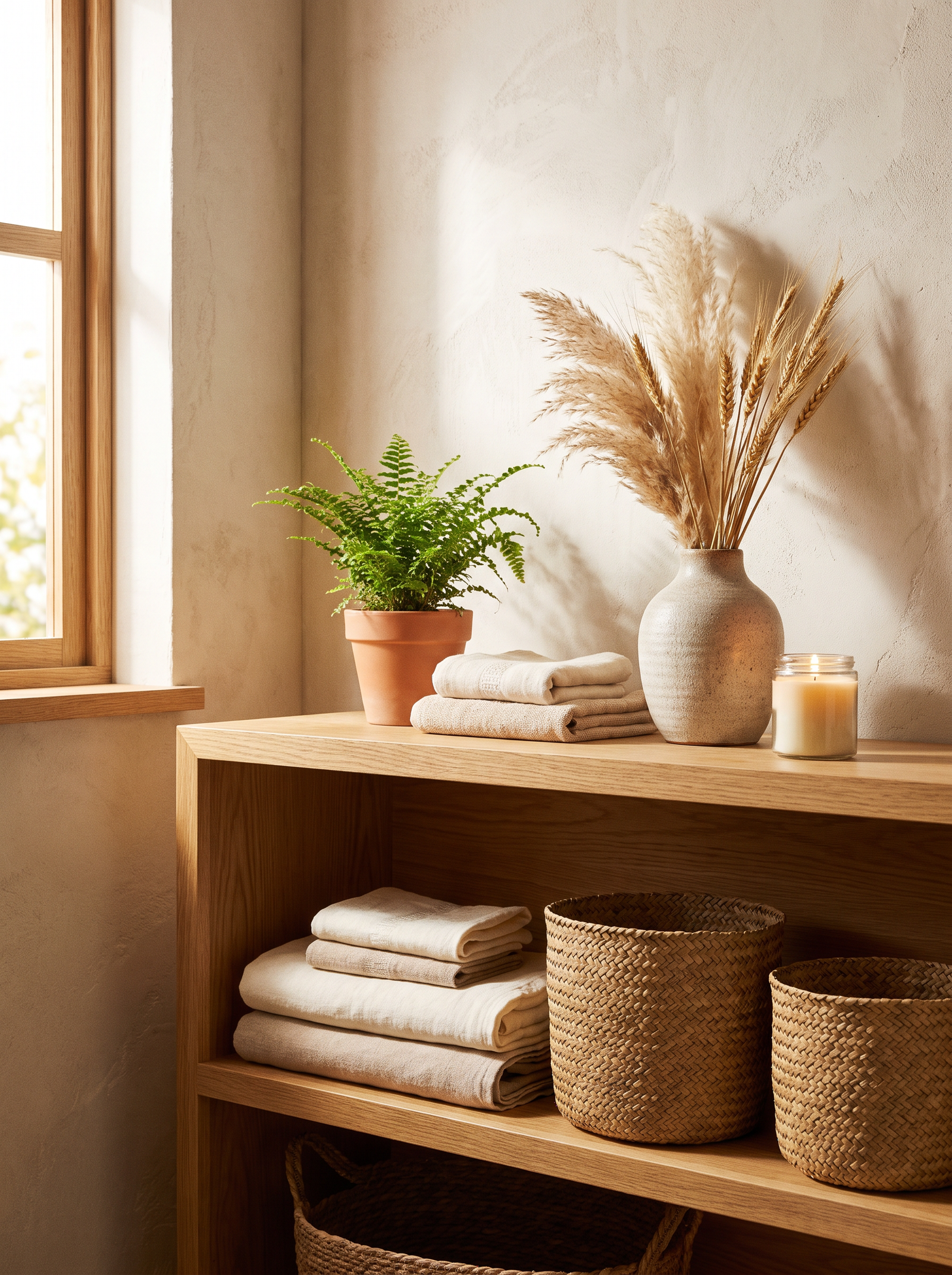 An open wooden shelf styled with folded linens, woven baskets, a potted plant, and a lit candle
