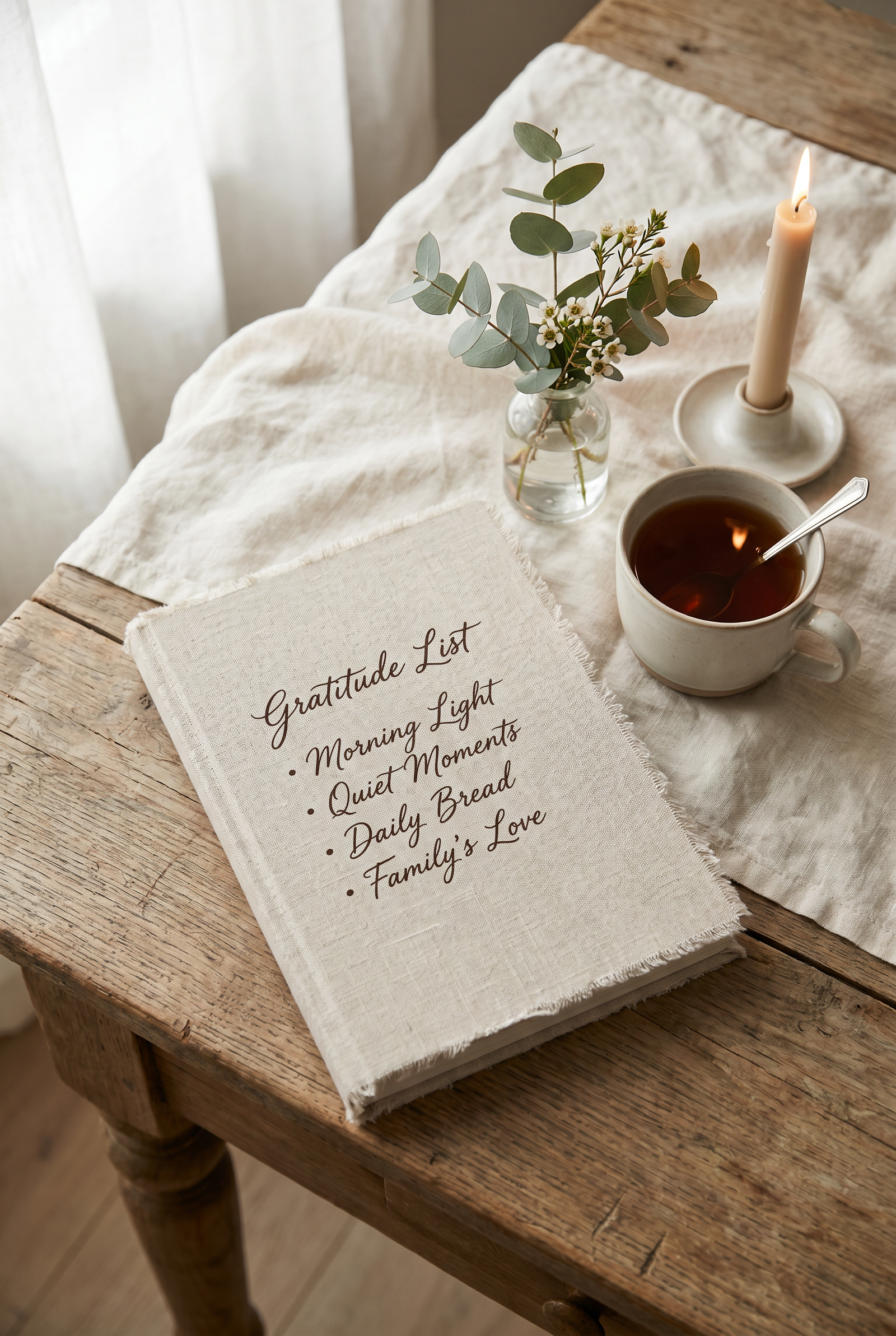 An open journal with a handwritten gratitude list, tea, candlelight and fresh flowers on a wooden table