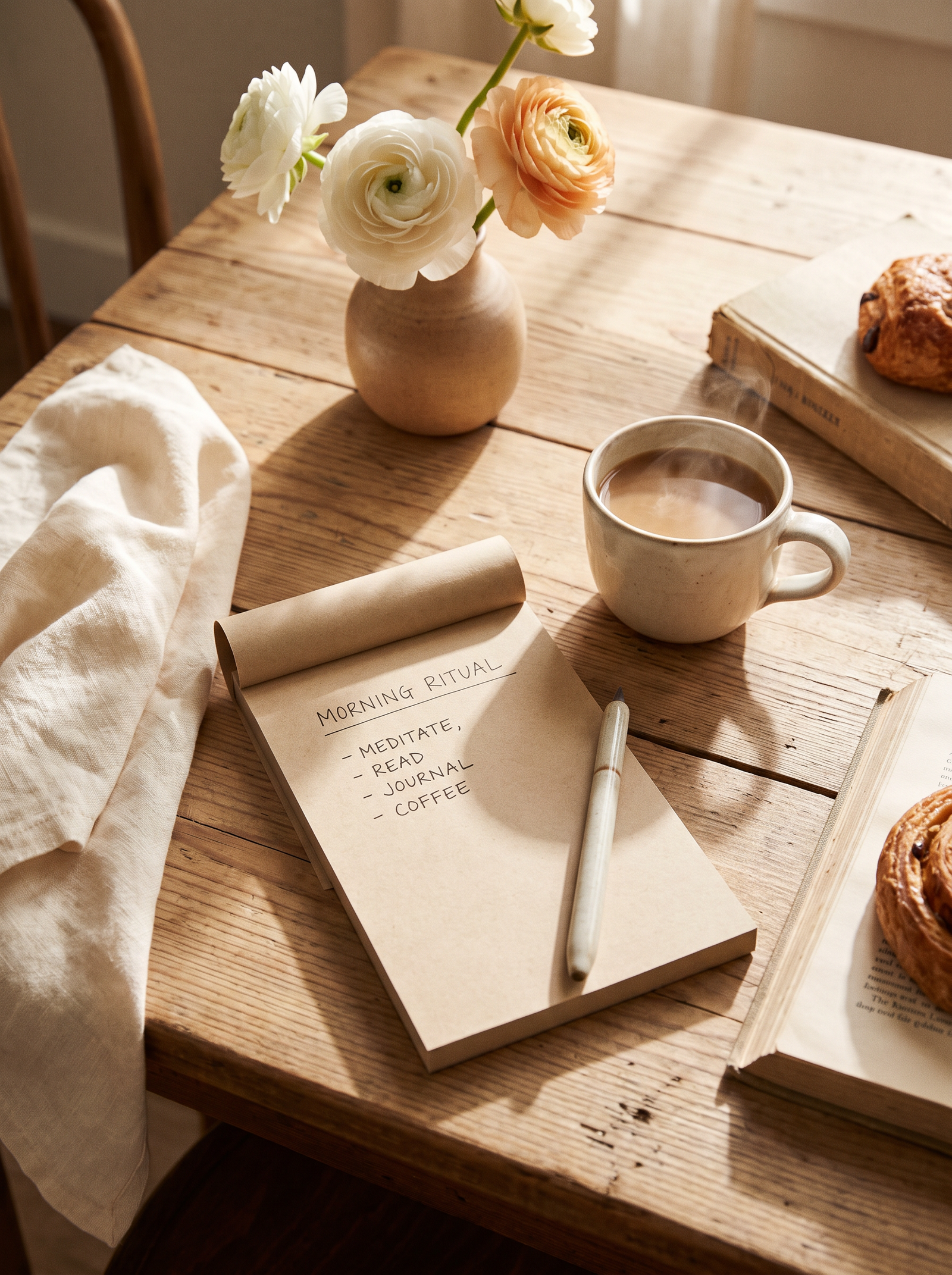 A checklist notepad, a warm cup of coffee, and fresh flowers on a sunlit wooden table