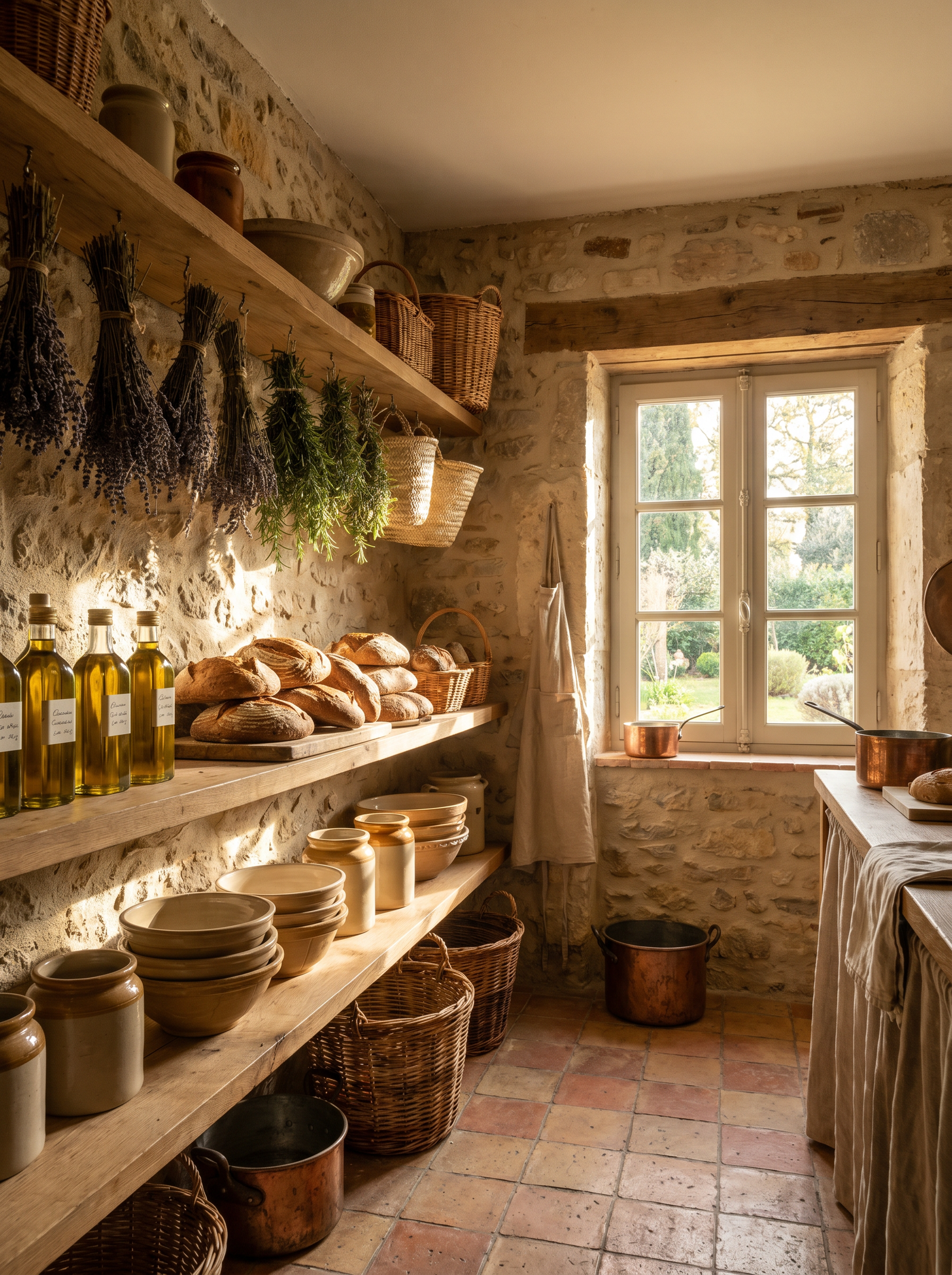 A French countryside farmhouse pantry with fresh bread, herbs, olive oil and pottery