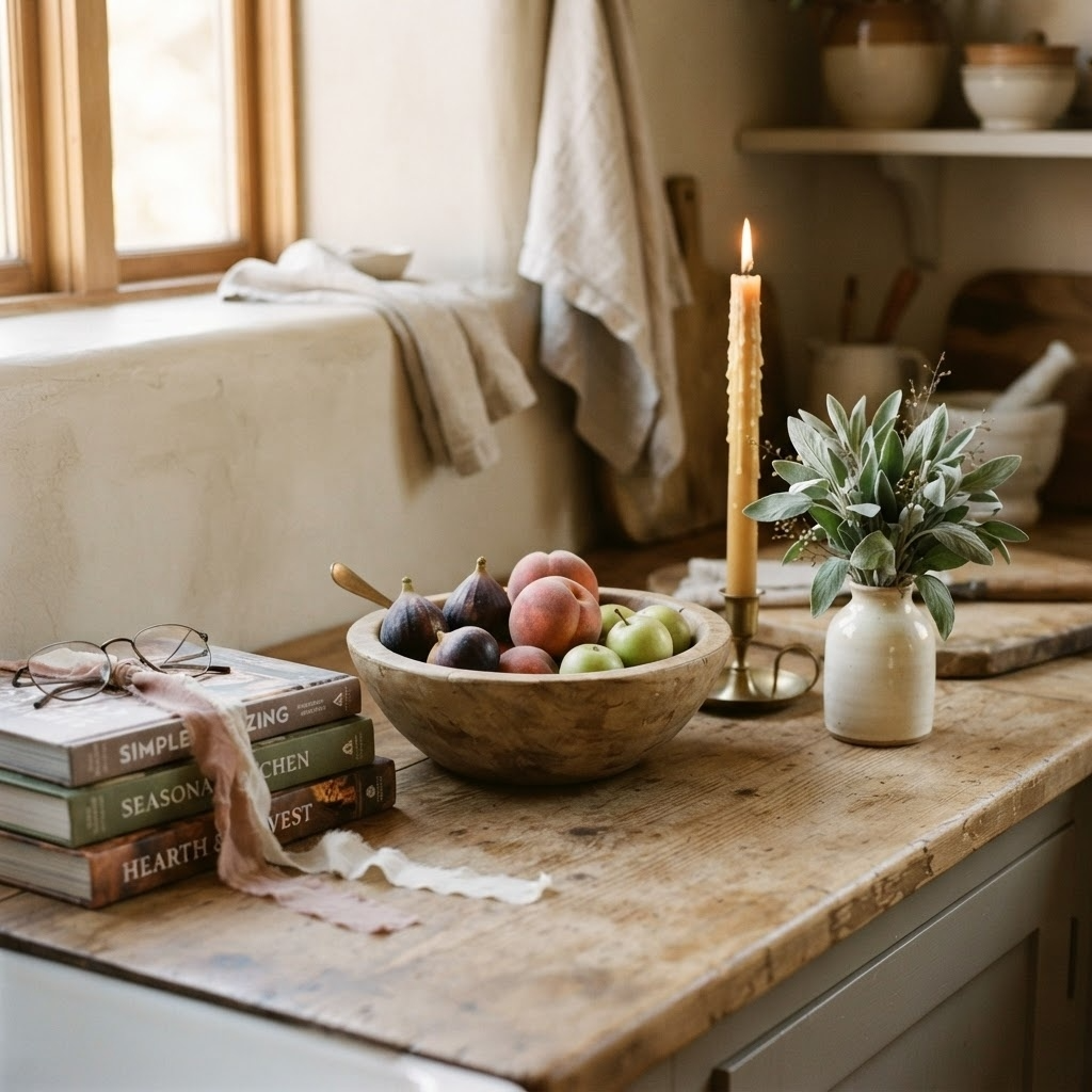 A sun-drenched stone windowsill with potted herbs beside an open recipe book and a ceramic mug of tea