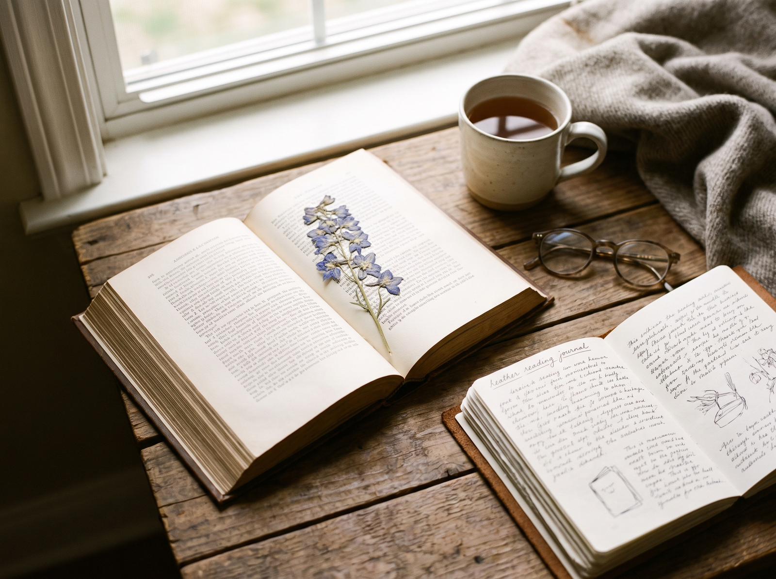 An open book with a pressed flower bookmark on a linen cloth