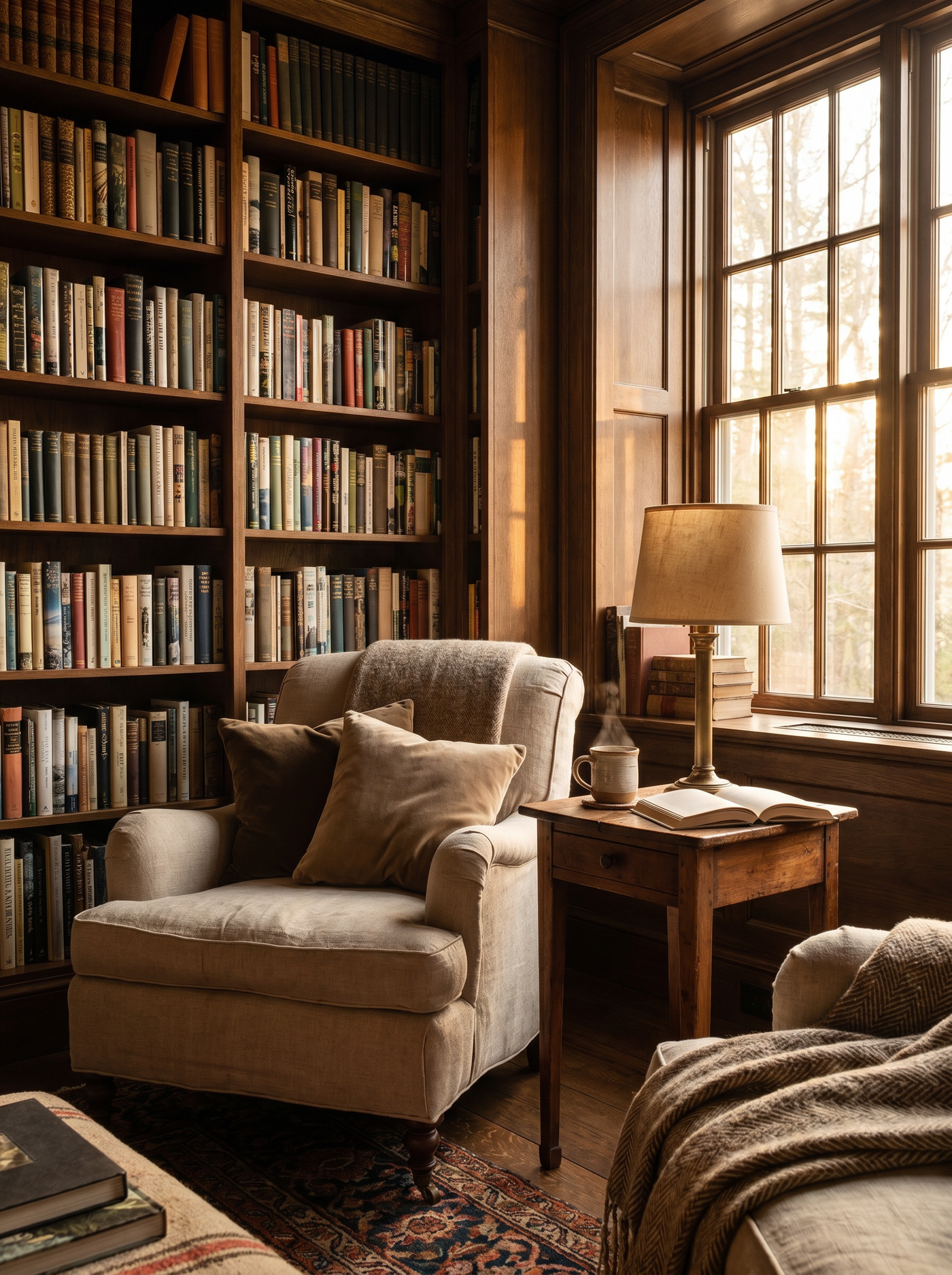 A cozy home library reading nook with a linen armchair, books, and warm lamplight