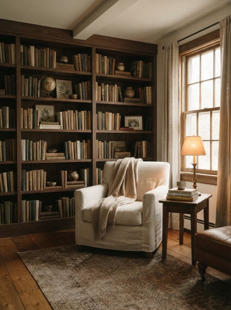 A cozy reading nook with floor-to-ceiling dark wood bookshelves, a white linen armchair, a soft lamp, and natural window light