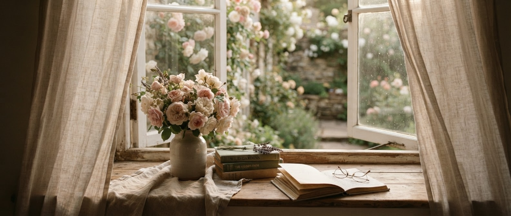 An open window with climbing roses, a linen vase of pink blooms, stacked books, and reading glasses